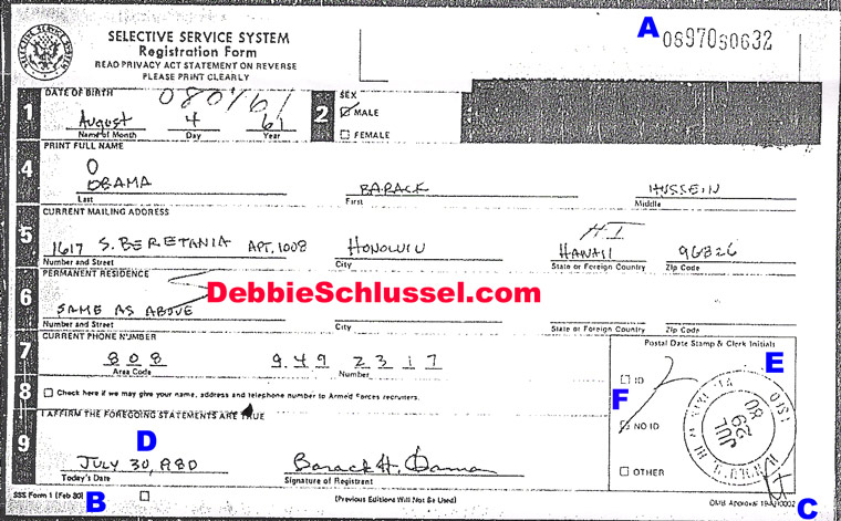 Barack Obama’s 2008 Selective Service Card. Pictured: Barack Obama’s 2008 Selective Service Card. “Blogger Debbie Schlussel has discovered solid evidence that Obama’s Selective Service registration form was submitted not when he was younger as required, but rather in 2008 and then altered to look older.”
