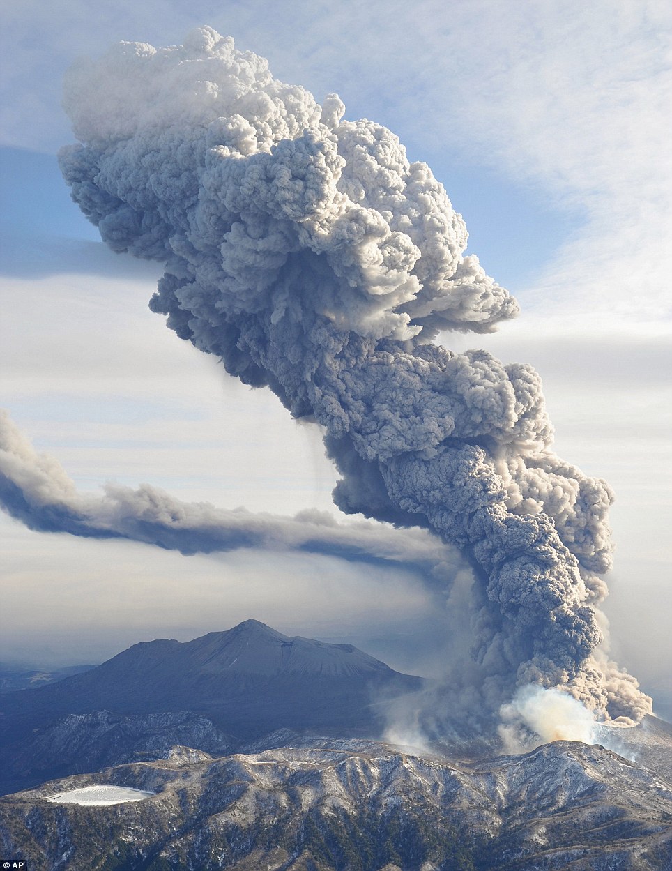 Ash and smoke continued to billow 5,000ft above Shinmoedake today as residents were banned from going within a mile of the volcano