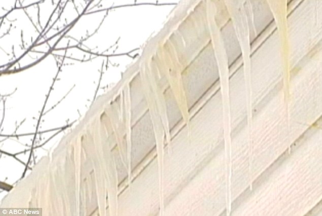Mellow yellow: Unnaturally coloured icicles hang from the roof of another house. The FAA has ruled out 'blue ice' - frozen human excrement falling from passing airplanes