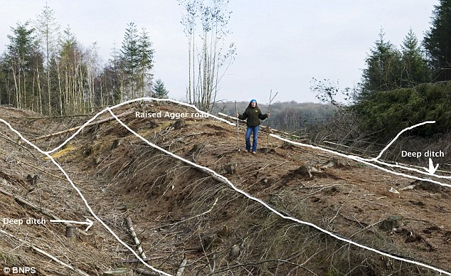 Between deep ditches: Experts believe the road's scale was to deliberately intimidate the locals - the site of a Roman legion marching along the road would have had the desired effect