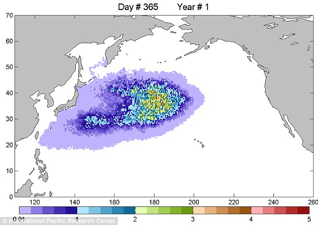 Journey: A graphic depicts the predicted location of the Japan debris field as it swirls towards the U.S. West Coast. Scientists predict the first bits of debris will wash up in a year's time
