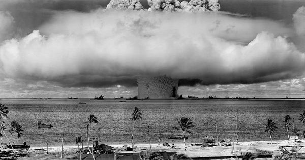 The "Baker" explosion at Bikini Atoll, Micronesia, on 25 July 1946. Credit: US Navy, via Wikimedia Commons.