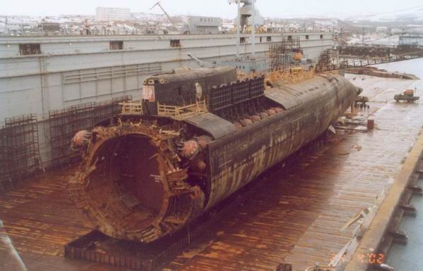 Salvaged wreck of the Russian nuclear submarine K-141 Kursk, via Wikimedia Commons.
