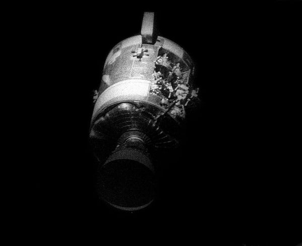 The Apollo 13 Lunar Module, Aquarius, just after jettisoning on 17 April 1970. Credit: NASA, via Wikimedia Commons.