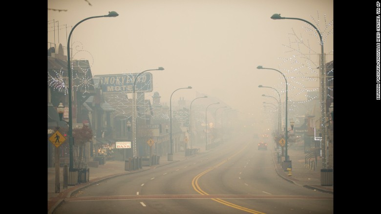 Thick smoke looms in Gatlinburg, Tennessee, on Monday November 28.