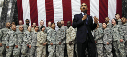 President Obama addressed troops at Camp Victory outside of Baghdad, 03/07/09.  (photo: Charles Dharapak/AP)