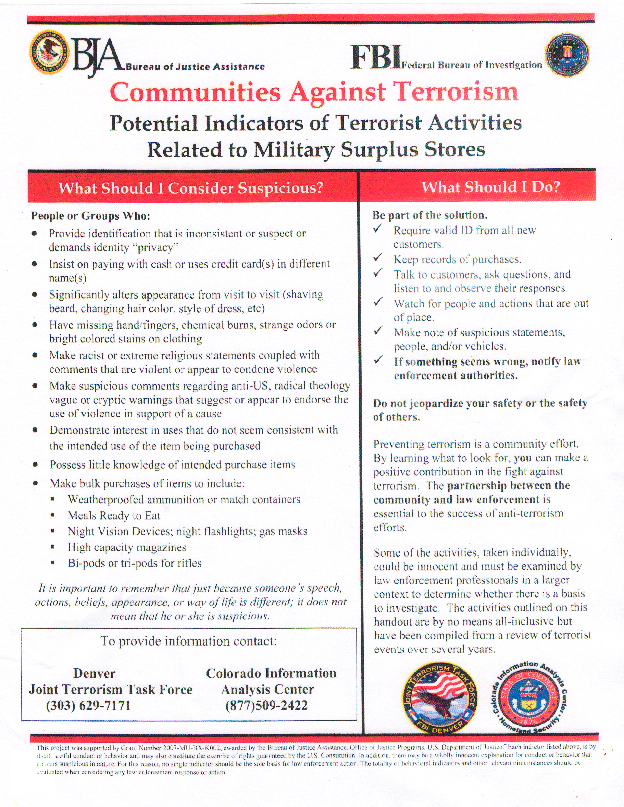 FBI Handout Lists Purchase of Preparedness Items as “Potential Indicators of Terrorist Activities” (image from www.oathkeepers.org)