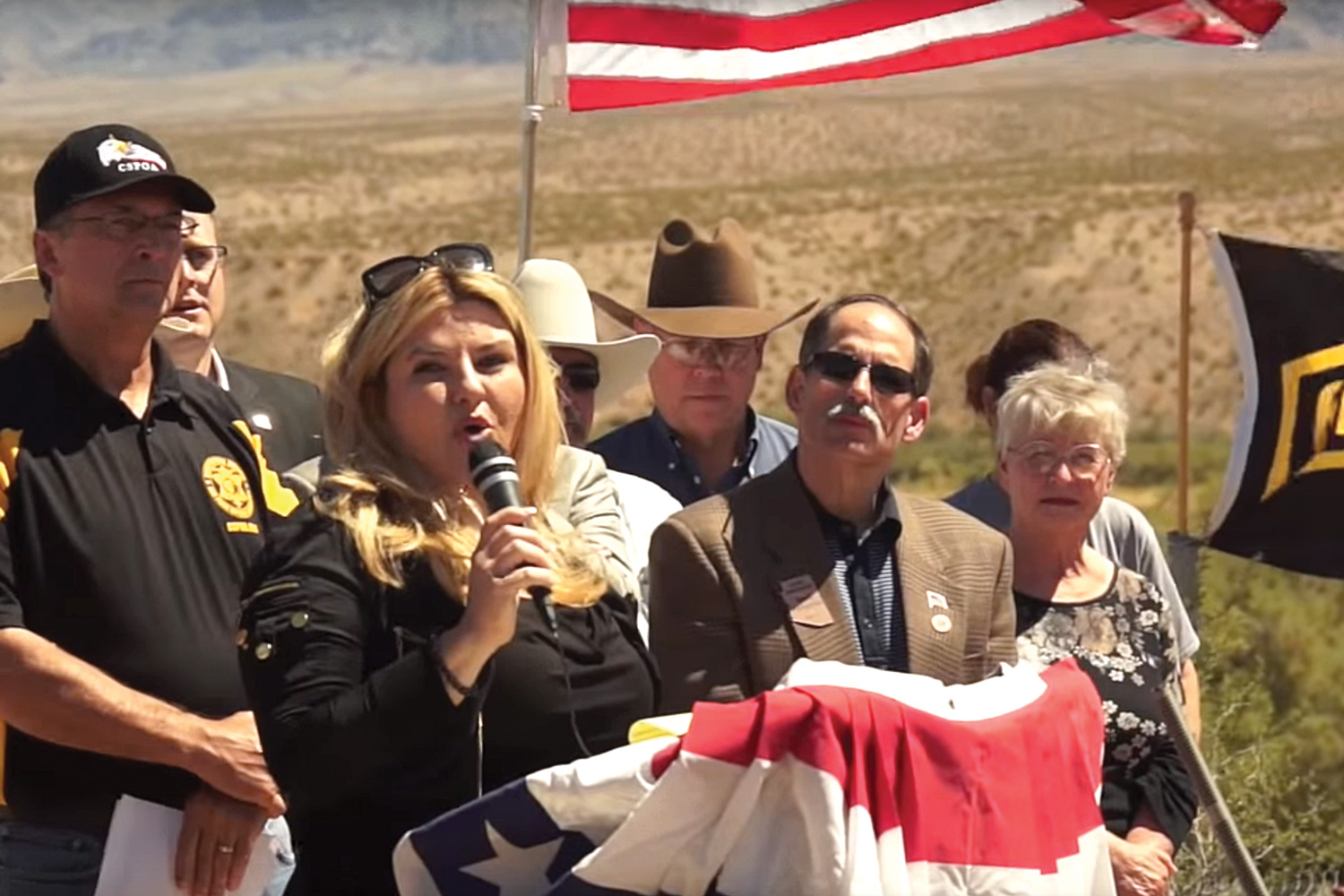 Nevada Assemblywoman Michele Fiore speaks at a press conference following the Bundy ranch standoff in Nevada in 2014. Stewart Rhodes, president of Oath Keepers, and former Sheriff Richard Mack also spoke in support of Bundy.