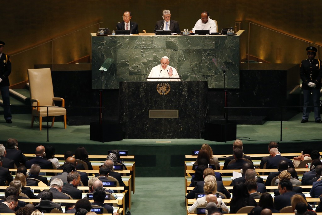 Pope Francis addresses a plenary meeting of the United Nations Sustainable Development Summit 2015 at United Nations headquarters in Manhattan, New York, Sept. 25. Photo by Mike Segar/Reuters