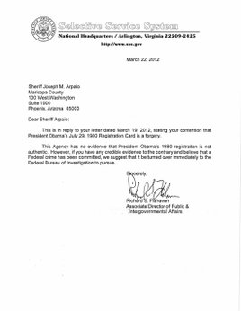 Selective Service director R. Flahavan response to request for documentation by Sheriff J. Arpiao (click to enlarge) Selective Service director R. Flahavan response to request for documentation by Sheriff J. Arpiao (click to enlarge)